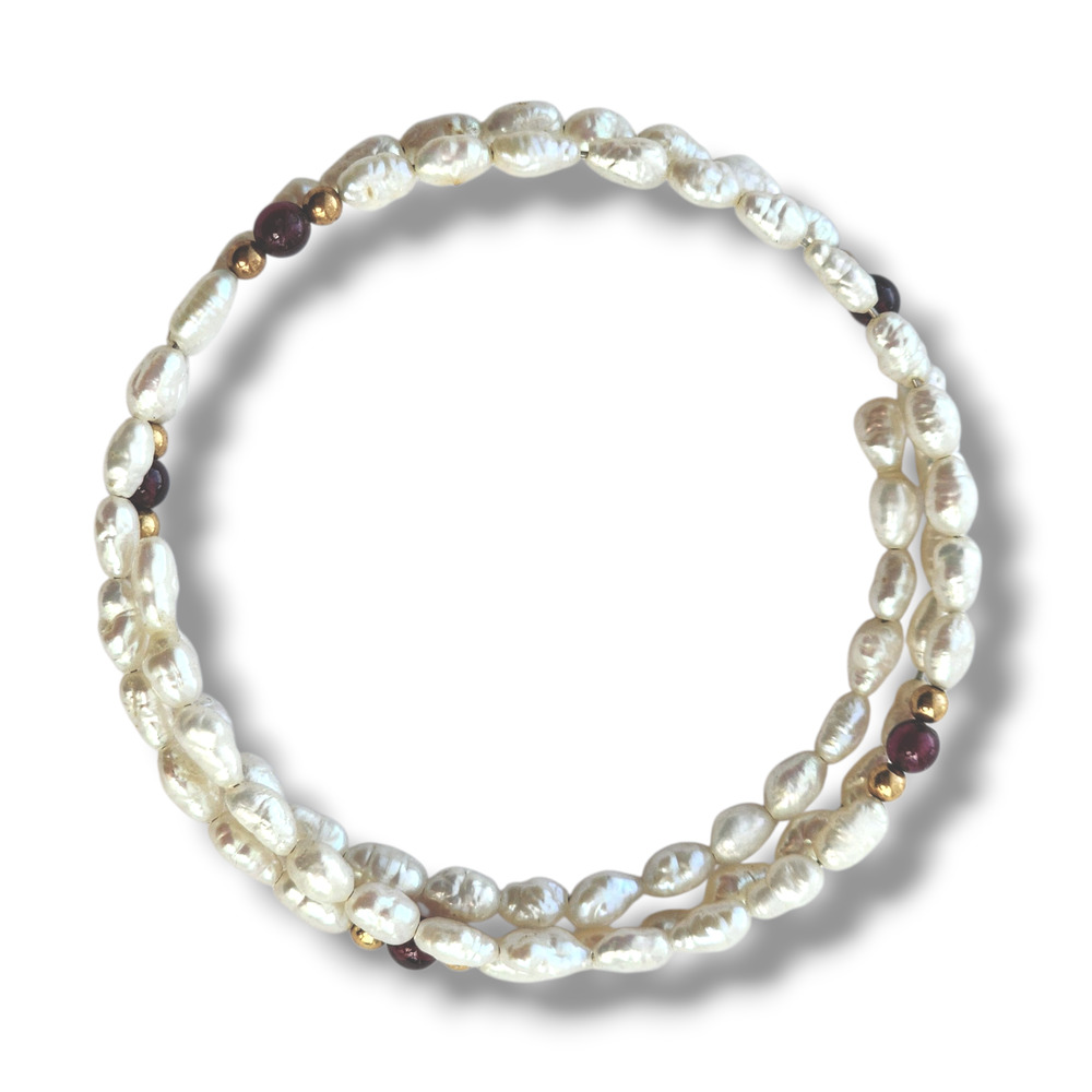 Wrap around bracelet genuine rice pearls white‎  Garnet gold beaded boho artisan